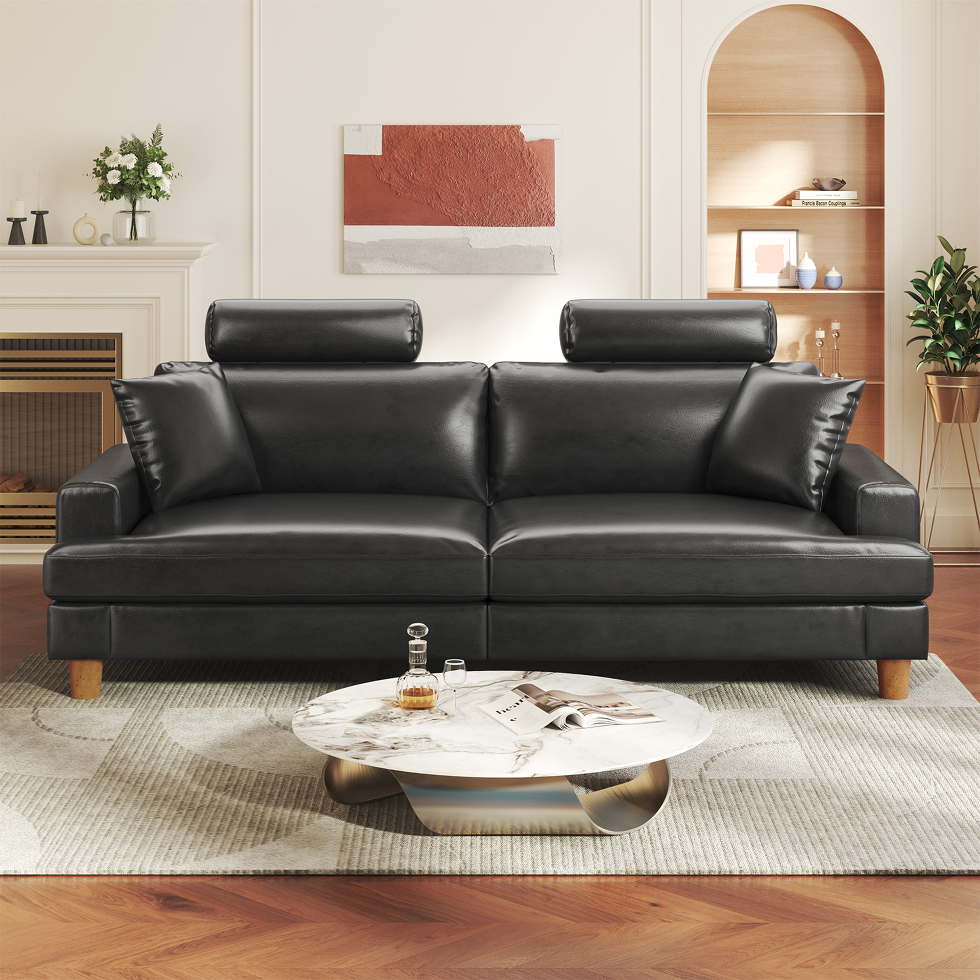 87" Sofa Premium PU Leather Couch with Headrest, Comfy 27" Extra Deep Seat 3 Seater Sofa for Living Room, Includes 2 Pillows, Black