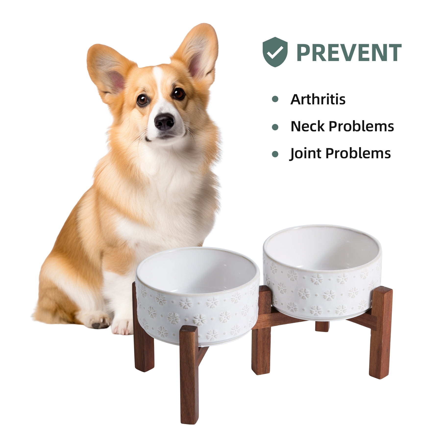 LarqeeWare Ceramic Raised Double Bowls Set with Acacia Wood Stand, 2 Heights Elevated, Food & Water Bowls for Small Breed Dogs, Weighted Dog Dishes, Pet Bowl,6.1inch (27oz, Arctic White)