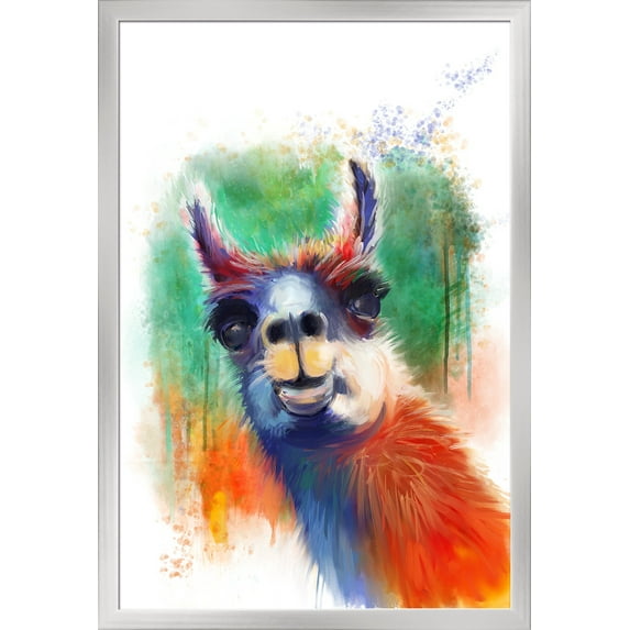 Llama - Watercolor - Lantern Press Artwork (24x36 Giclee Art Print, Gallery Framed, Silver Wood)