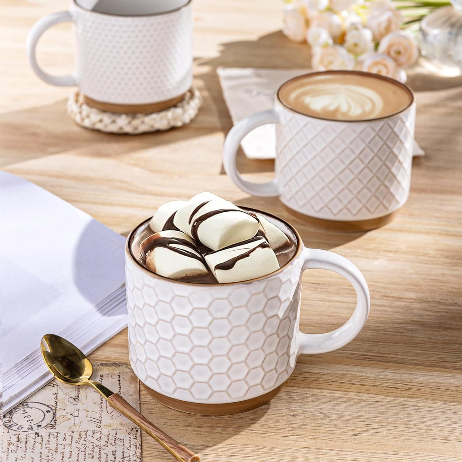 AmorArc 12OZ Stackable Ceramic Coffee Mugs with Texture Patterns, Modern Mug Set of 4 for Latte, Cappuccino and Cocoa, Dishwasher & Microwave Safe, off-white