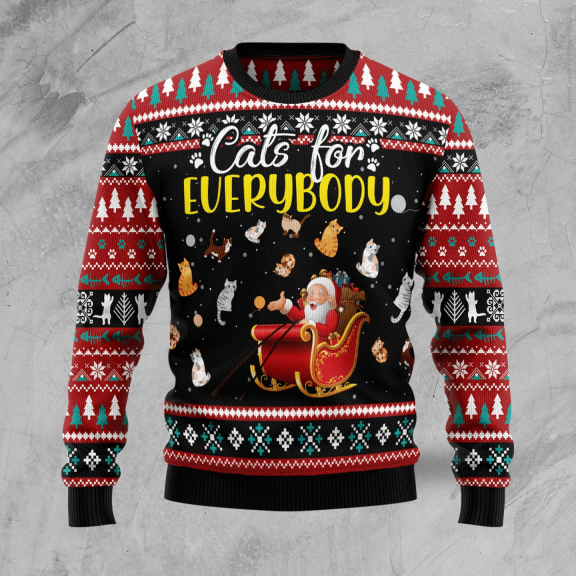 Cats for Everybody Merry Ugly Christmas Sweater for Unisex, Funny Kitty Holiday Pullover, Cute Cat Lover Xmas Sweater Gift