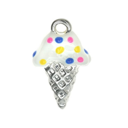 Ice Cream Cone Enamel Charm - Silver Plated Charm With Enamel - Vanilla Ice Cream Cone With Sprinkles 18mm (1)