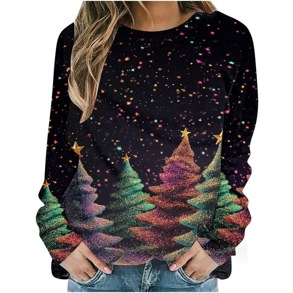 Winter Saving! HVOBTTY Women's Pullover Sweatshir, Women's Christmas Bright Colorful Christmas Tree Round Neck Print Loose Sweatshirt Long Sleeve No-Cap Sweatshirt Top Multicolor, XXL
