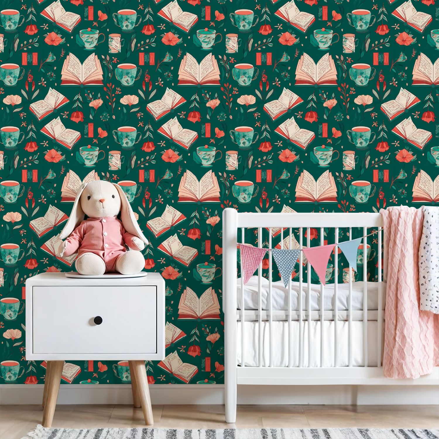 Peel and Stick Wallpaper 23.6in x 9.8ft Cozy Teal Green Books Teacups Floral Contact Paper Vinyl Self-Adhesive Removable Wall Paper for Bedroom DIY Home Decor Renter Friendly