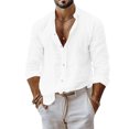 thumbnail image 3 of Mfakffe Men Linen Shirt Button Down Long Sleeve Beach Band Collar Casual Summer Shirts, 3 of 5