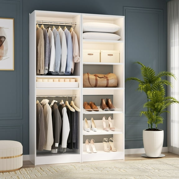 iSunirm 50" Walk-In Closet System Set of 2, Heavy-Duty Floor Stand Closet Organizer with Hanging Rods, Storage Shelves & Adjustable Shoe Rack, for Bedroom/Closet, White