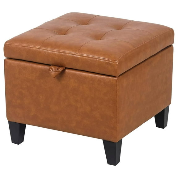 17 Inch Square Storage Ottoman,Small Foot Rest Stool for Couch, Faux Leather Upholstered Footstool Cube for Entryway Bedroom Living Room, Brown Style2 Faux Leather Reddish Brown