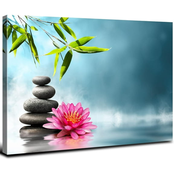 Zen Stones Canvas Wall Art Lotus Flower Green Bamboo Wall Decor for Living Room Spiritual Meditation Room Paintings Nature Botanical Pictures Yoga Artwork for Bedroom Bathroom Home Decoration 12x16"