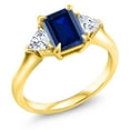 thumbnail image 2 of Gem Stone King 18K Yellow Gold Plated Silver Blue Created Sapphire and White Moissanite 3-Stone Ring for Women (1.82 Cttw, 8X6MM Octagon and 3.5 Trillion, Gemstone Birthstone, Size 9), 2 of 4
