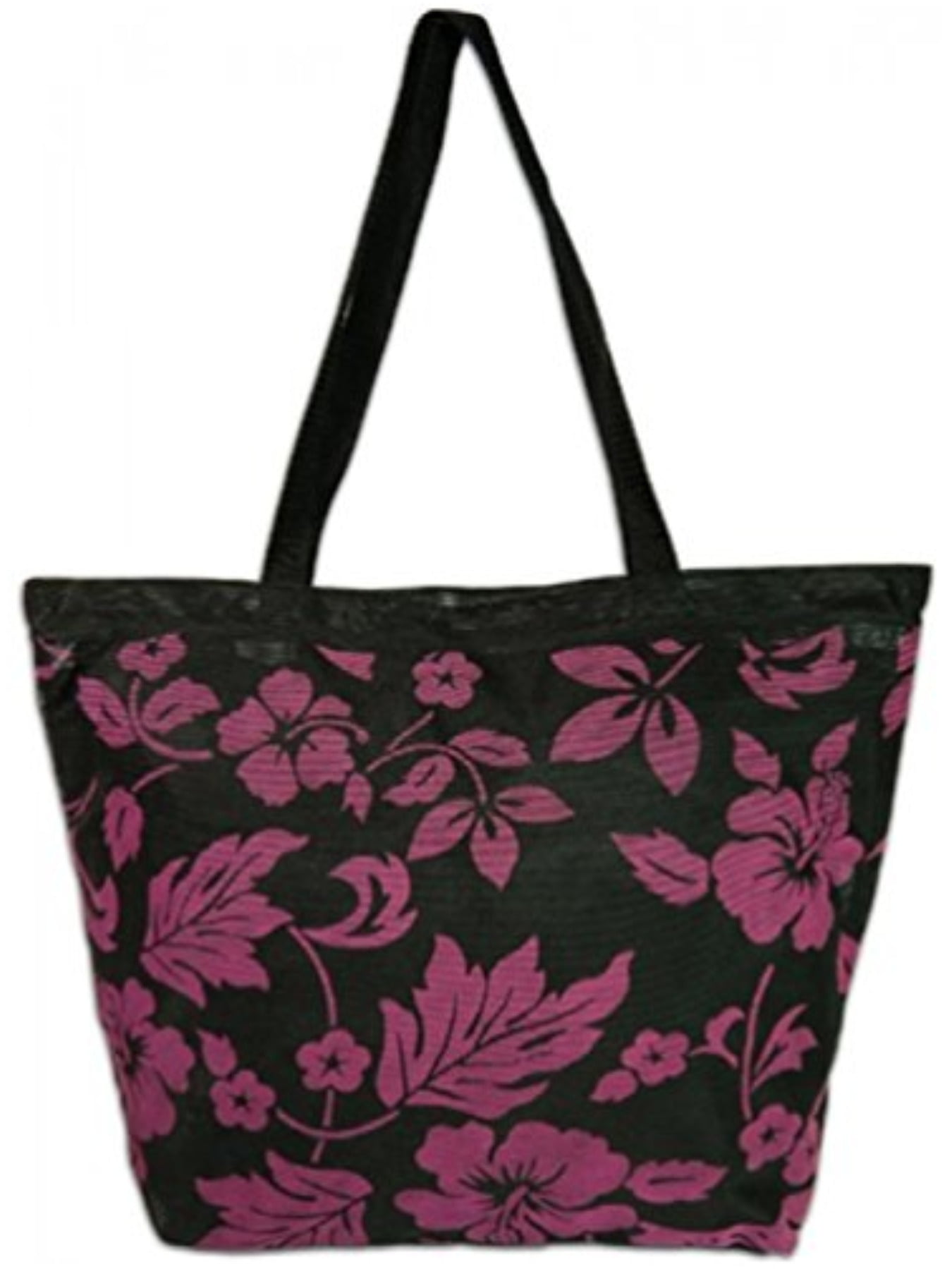 Mesh Beach Tote Bag Hibiscus Black, Fushia