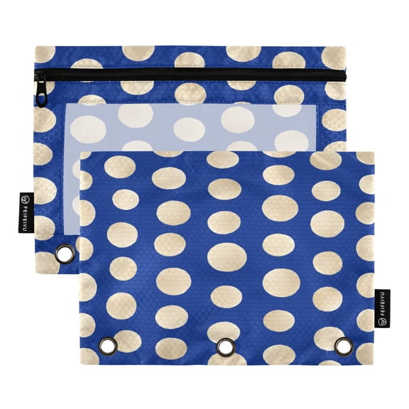 2 Pack 3 Ring Binder Pouch with Clear PVC Window Water Resistant Zipper Pencil Pouch Navy Blue Gold Polka Dot Binder Pocket for Classroom Office Home Stationery Organization