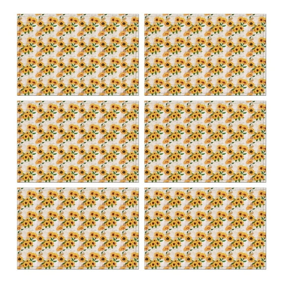 Rustic Yellow Sunflower Boho Placemats Set of 6, 12x18 Inch Vintage Floral Table Mats with Bees and Butterflies, Washable Farmhouse Linen Dining Decor, Country Bloom for Autumn Summer
