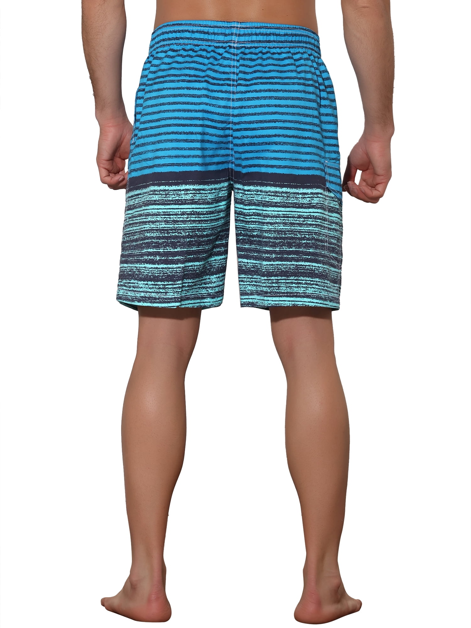 Unique Bargains Men's Color Block Stripes Pattern Drawstring Waist Swimwear Shorts 30 Light Blue
