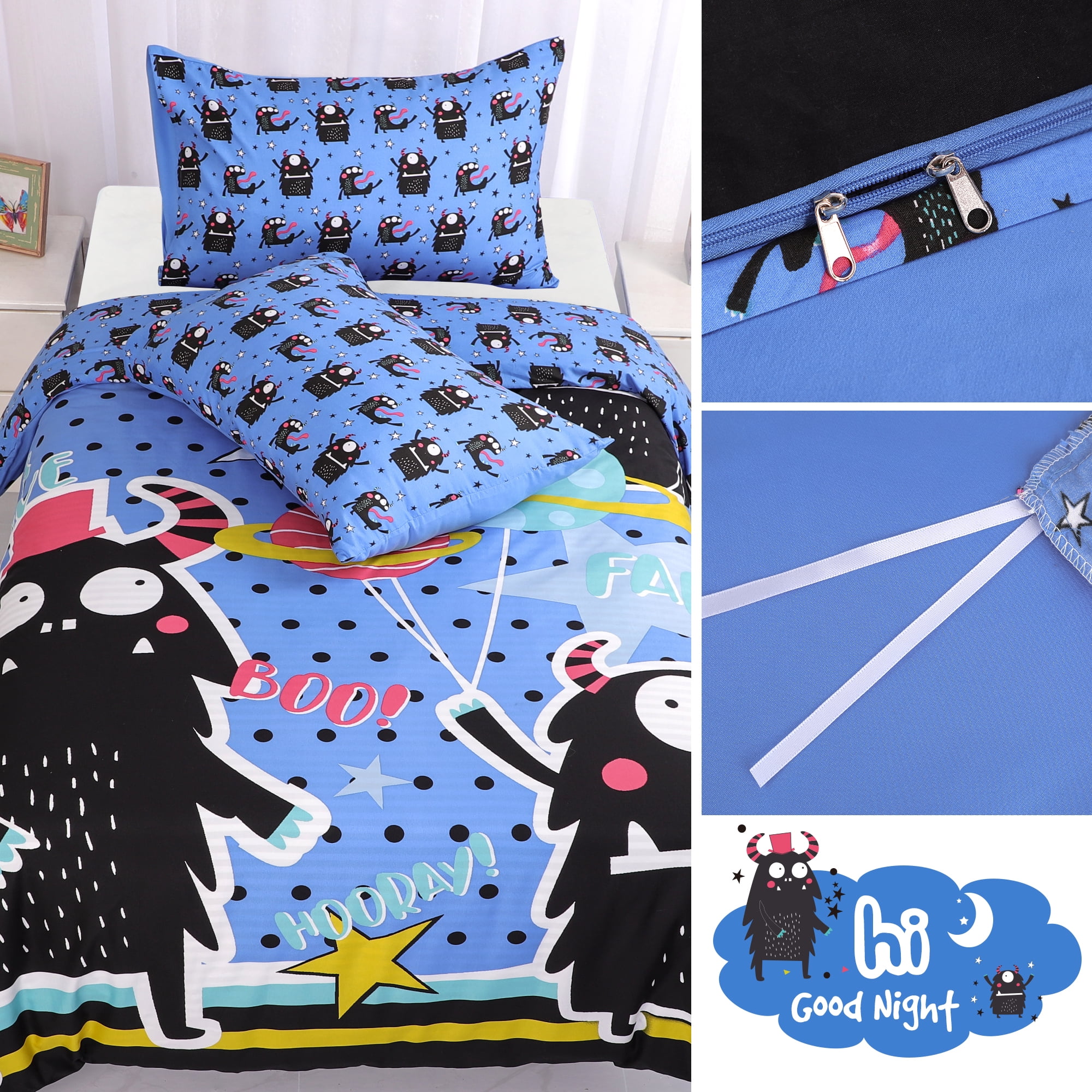 5 Piece Brushed Polyester Kids Duvet Cover Set Black Cartoon Pattern Twin