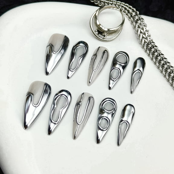Reusable Regular Stiletto Handmade Press On Nails Set with Jelly Glue, Gloss Silver Metallic, Handmade Nail Set, Metal Style, 10 Pieces, Size S