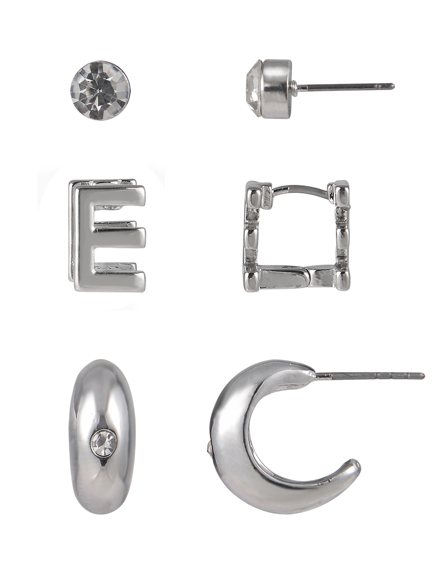 Time and Tru Silvertone 3-On Crystal Stud, Hoop, Initial "E" Earring Set