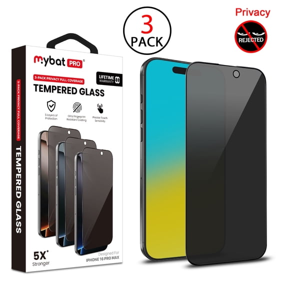 MyBat Pro Privacy Full Coverage Tempered Glass Screen Protector (3-pack) for Apple iPhone 16 Pro Max - Black