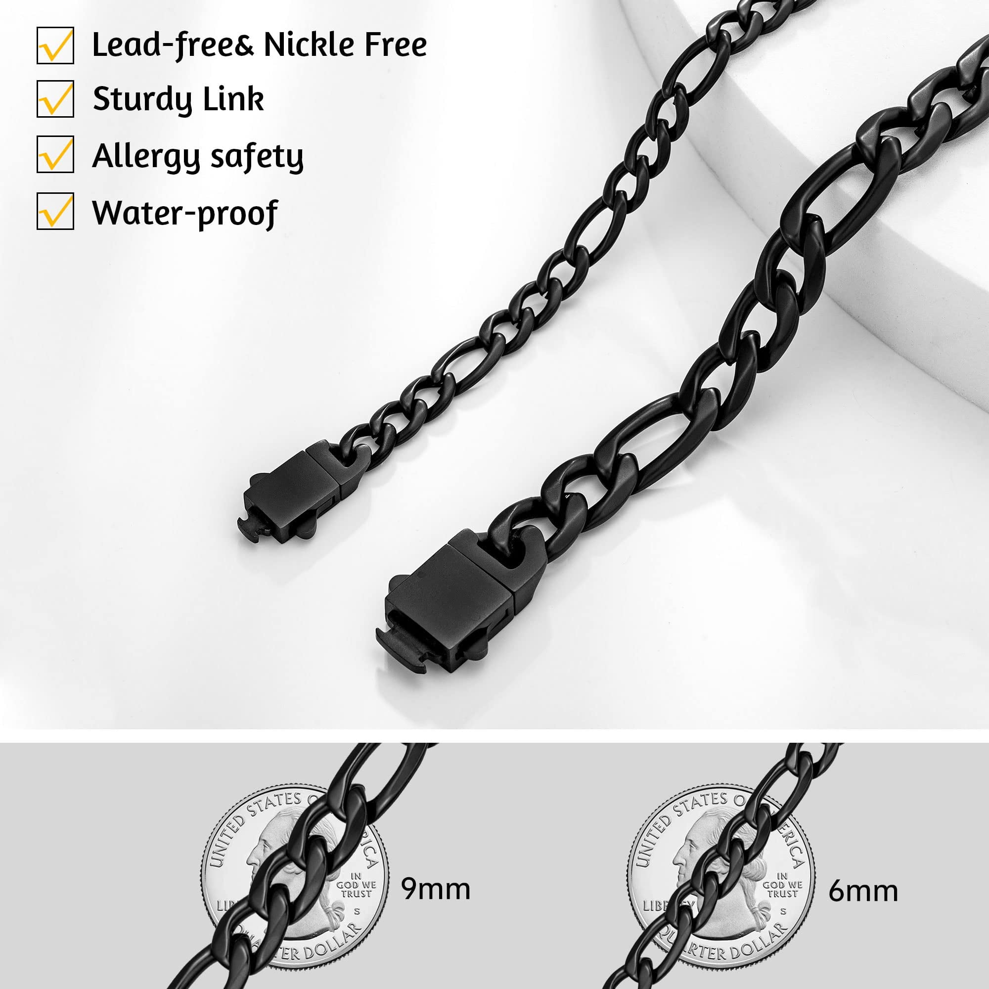 Speroto Chain Bracelet for Men 6mm/9mm, Sturdy Stainless Steel Mens Figaro Link Bracelet with Attachable Clasp, Simple Jewelry Gift for Men Women