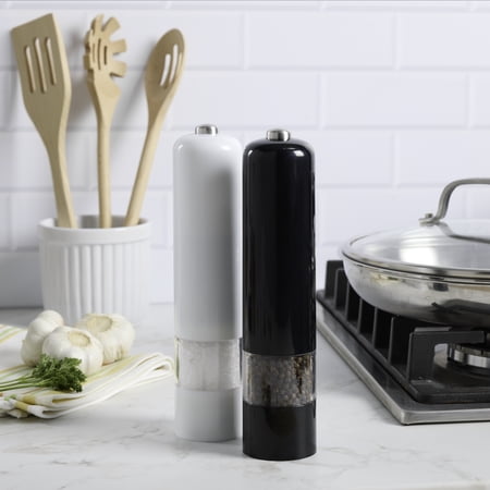 KAMENSTEIN 8-INCH BATTERY OPERATED PREFILLED SALT & PEPPER GRINDER SET, BLACK & WHITE