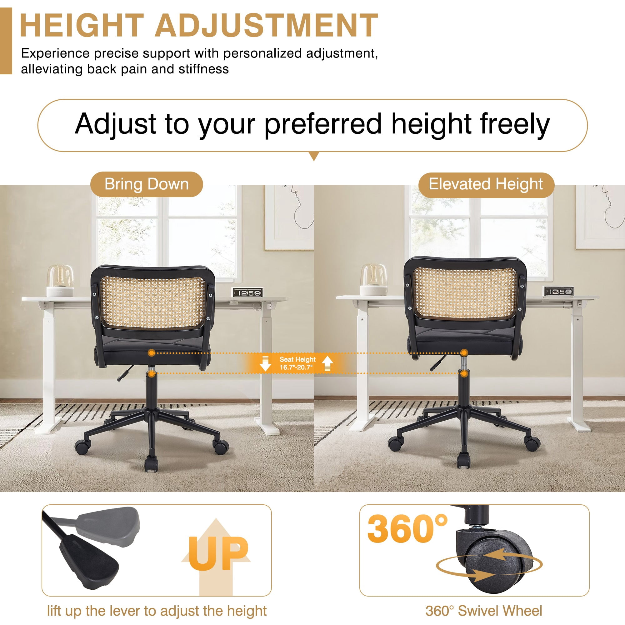 VECELO Mid Century Home Office Chair with Wheels, Modern PU Leather Desk Chair with Rattan Backrest, Adjustable Height Task Chair Swivel Computer Chair, Black