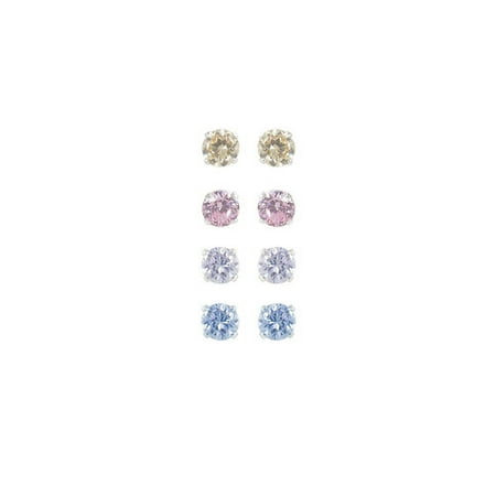 CZ Sterling Silver Basket-Set Multi-Color Stud Earrings Set, 4mm, 3 Pairs