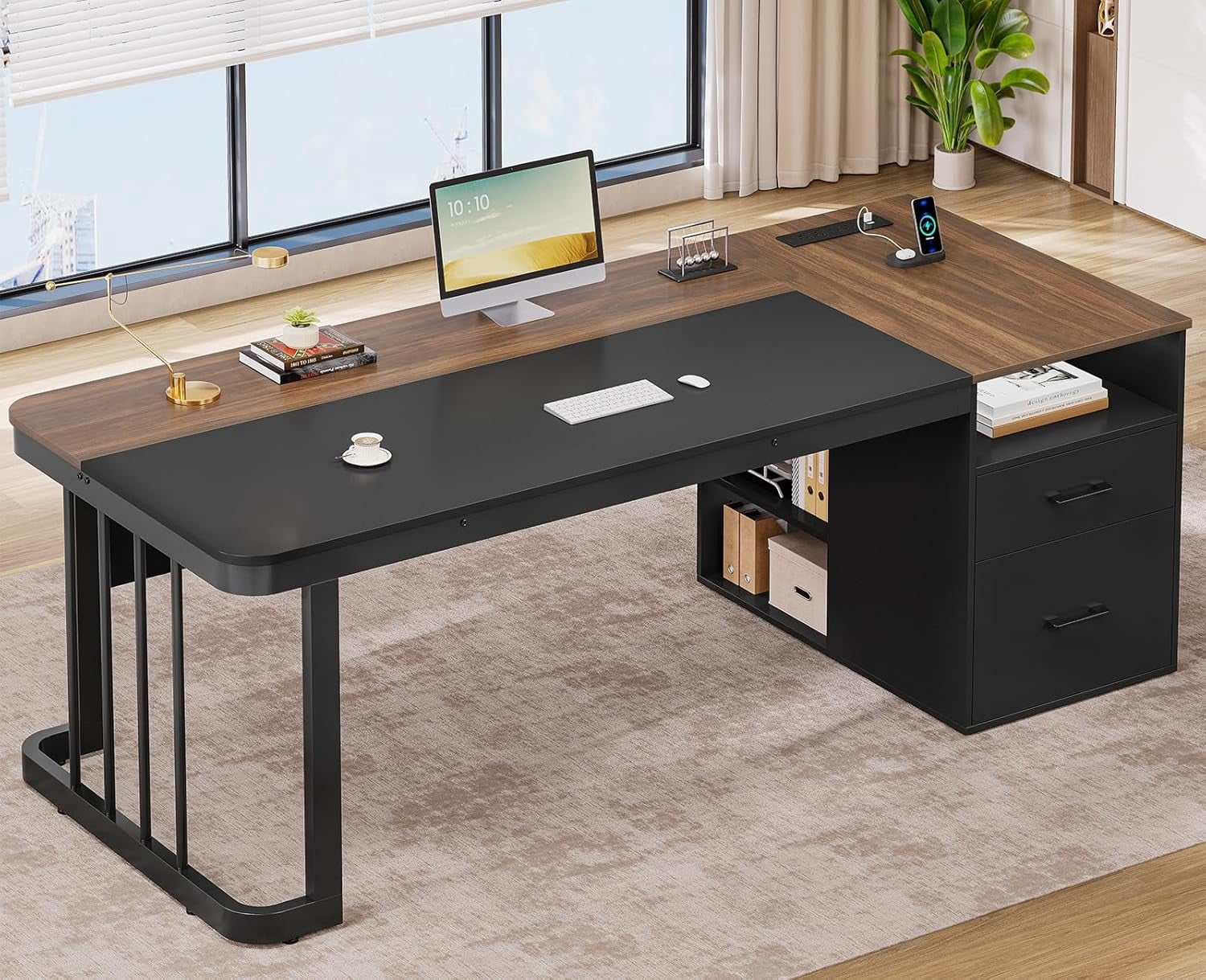 70.9" Executive Desk with Power Outlet, Large Office Desk with Lateral File Cabinet, Modern Computer Desk, Walnut