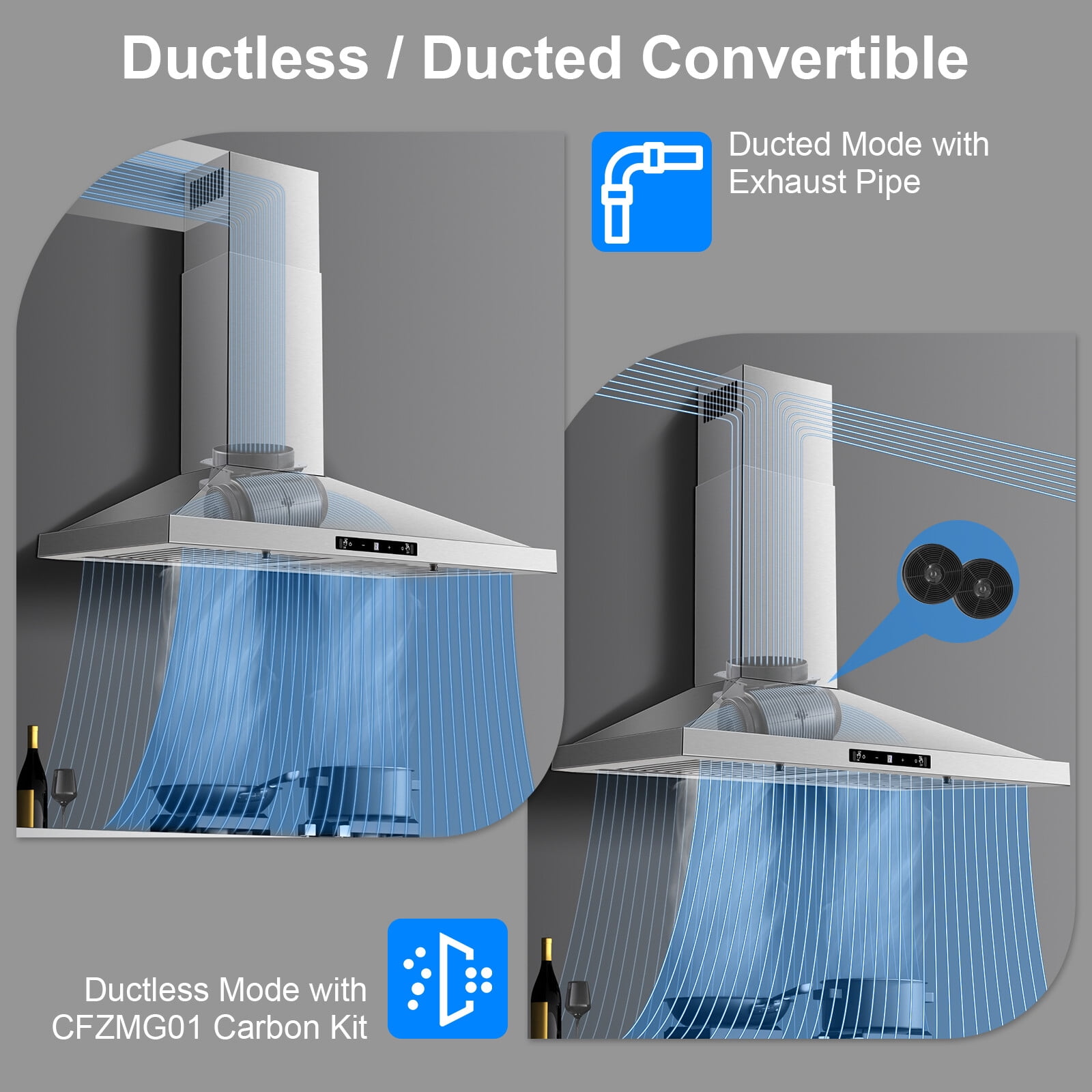 Joeaonz 30-Inch Stainless Steel Wall-Mounted Kitchen Range Hood, 3-Speed Fan, Ducted/Ductless, Gesture Control