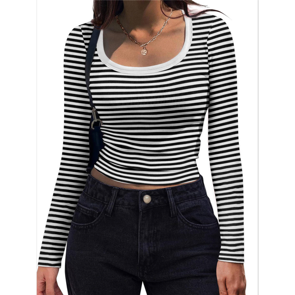 Women's Long Sleeve Scoop Neck Shirts Casual Slim Fit Rib Knit Tops Summer Fall Basic Business Work Tee