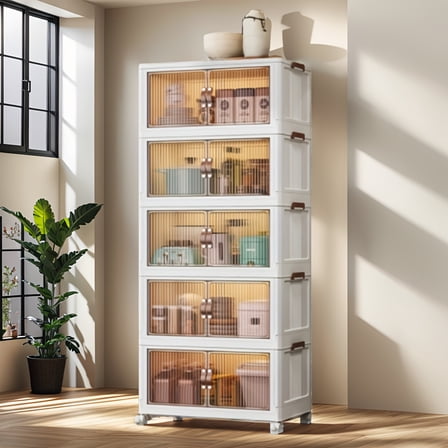 5-Tier Collapsible Storage Cabinet with Locking Wheels - Stackable Organizer with Clear Front Panels for Closet, Garage, Pantry