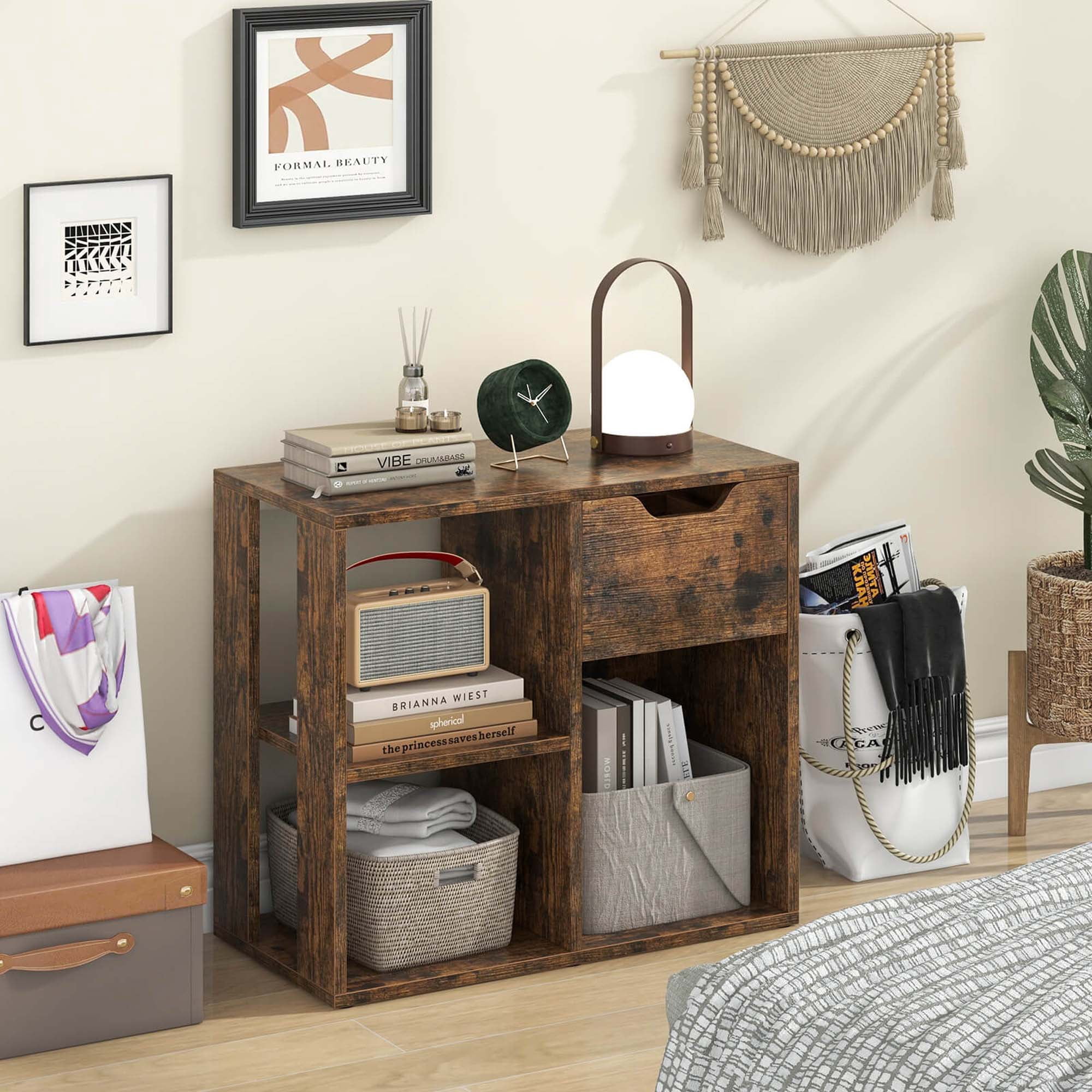 Costway 1 PCS 3-Cube Bookshelf 2-Tier Open Shelf Bookcase with Drawer Home Storage Organizer
