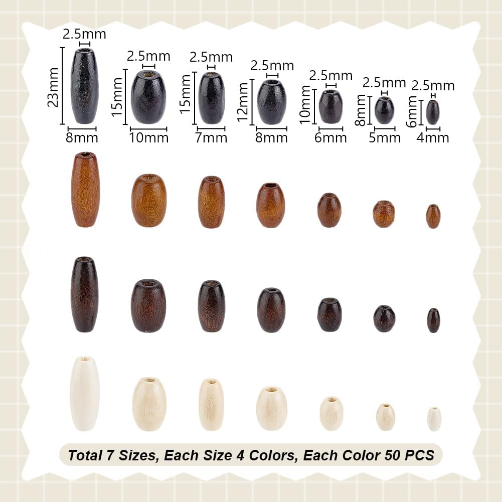 1400Pcs Natural Oval Wood Beads 7 Sizes 4 Colors Wooden Spacer Beads Tiny Oval Wooden Tube Beads Loose Beads