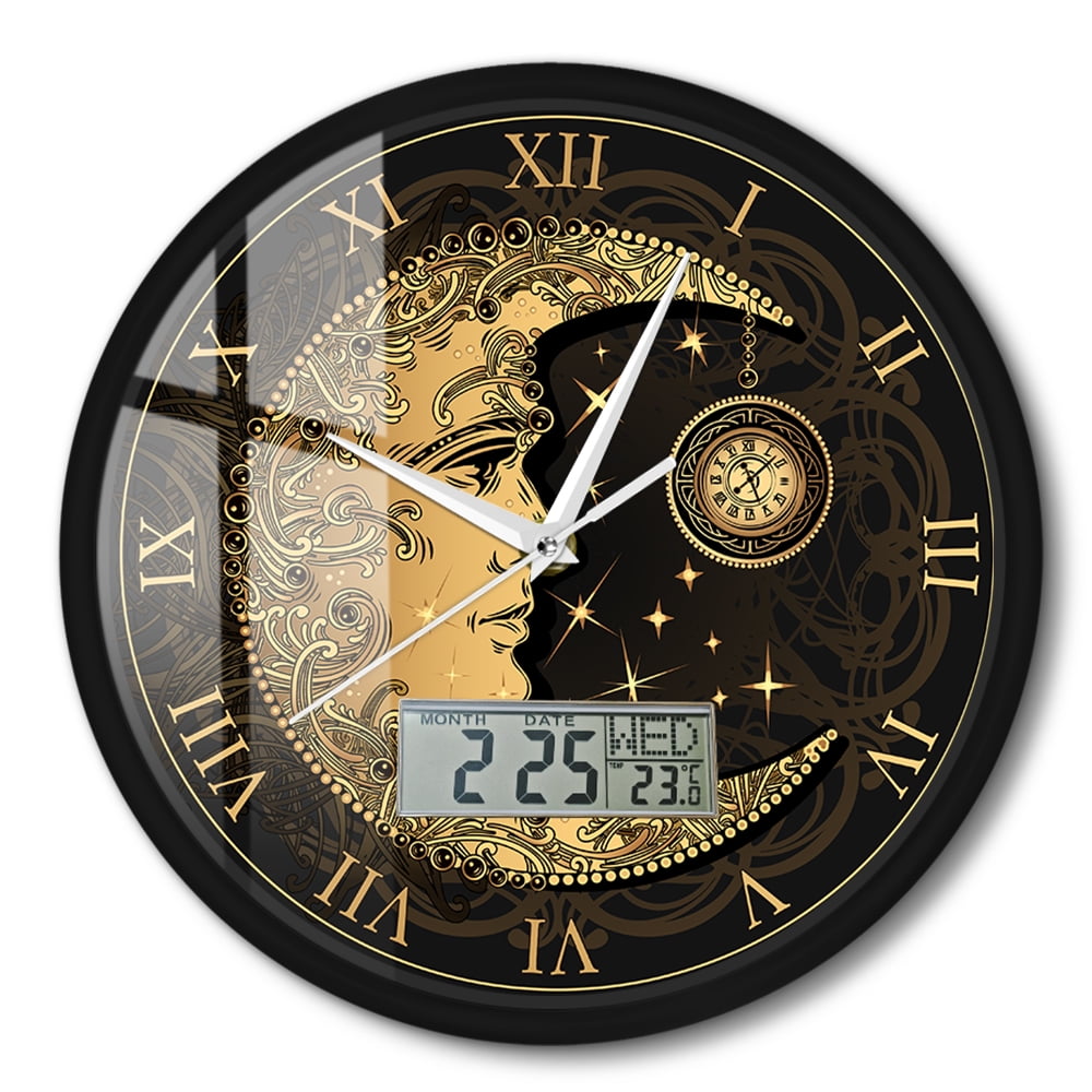 Vintage Filigree Golden Moon Wall Clock with Digital LCD Module Shows Temperature Calendar Date Week