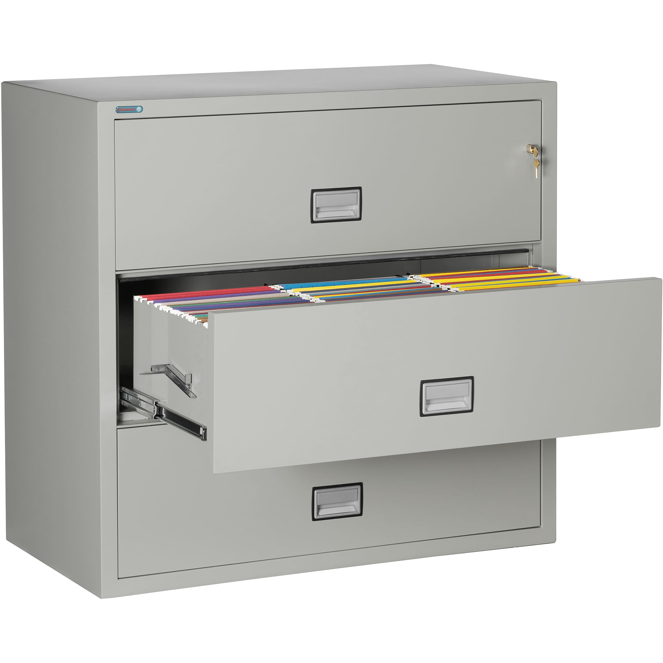 Phoenix Safe Lateral 44 inch 3-Drawer Fireproof File Cabinet with Key Lock, Water Seal, Gray, LAT3W44LG