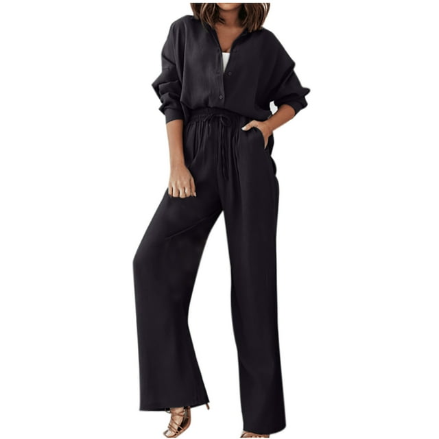 Primavera y otoño para mujer, cuello en V, temperamento de Color sólido, camisa suelta de manga larga de Color sólido, traje informal con cordones Pompotops qwe24961