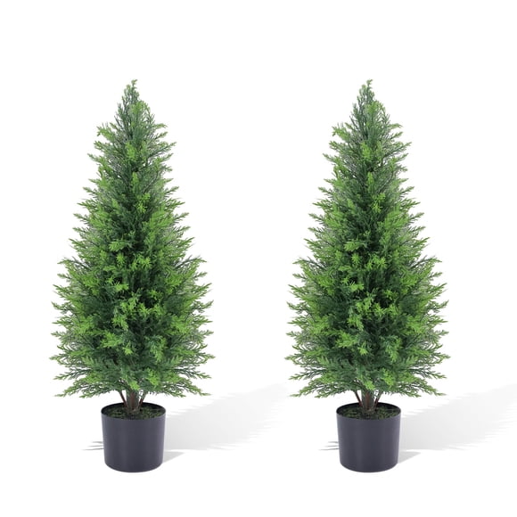 Artificial Topiary Trees Set of 2 – 3FT Outdoor Faux Plants for Front Porch, Realistic Potted Cypress Shrubs for Home Indoor Living Room, Office, Garden & Patio Decor
