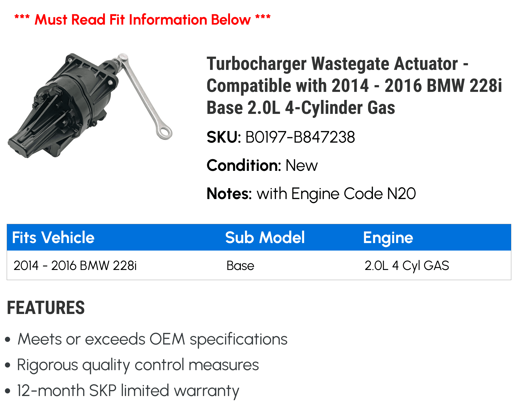 Turbocharger Wastegate Actuator - Compatible with 2014 - 2016 BMW 228i Base 2.0L 4-Cylinder Gas 2015
