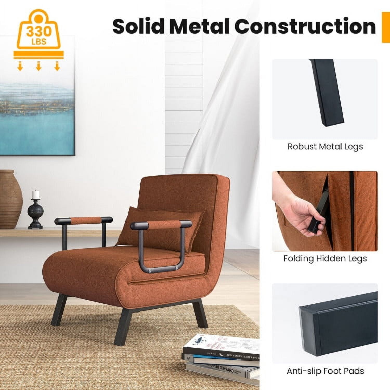 Folding Chair Bed, Folding 6 Position Convertible Sleeper Bed Armchair Lounge Couch with Pillow, Cozy Futon Chair for Small Spaces, Office, Brown