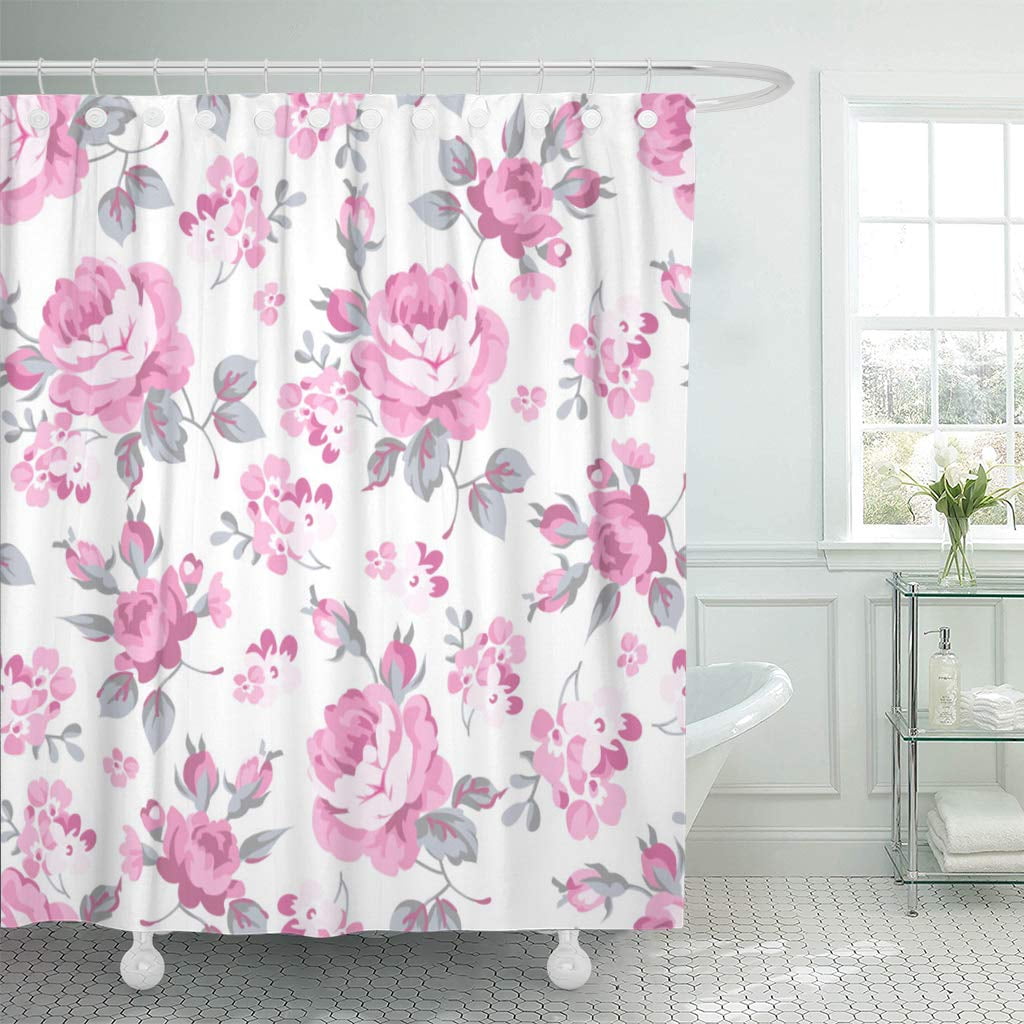 Floral Shower Curtain Chic Flowers Roses Petals Dots Leaves Buds Spring Season 
