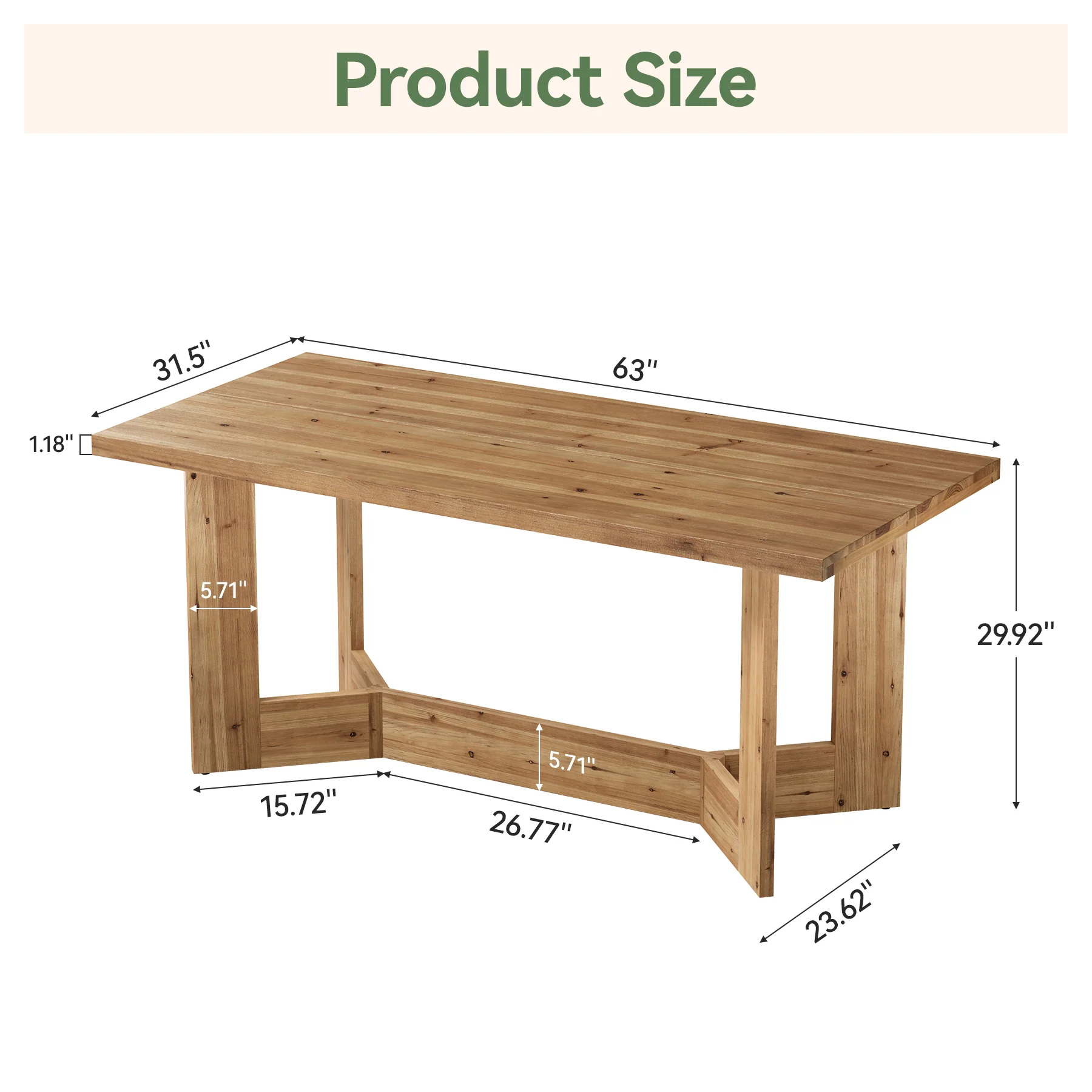 Hommoo 63 Inch Solid Wood Rectangular Dining Table for 4-6 People, Farmhouse Kitchen & Dining Room Table with A-Frame Trestle Base, Natural