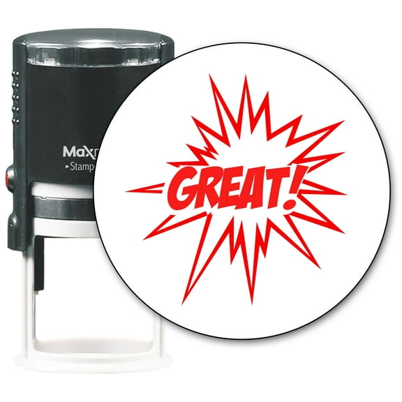 MaxMark Round Teacher Self Inking Stamp - GREAT! - Jumbo Series, Style TS307 with Red Ink