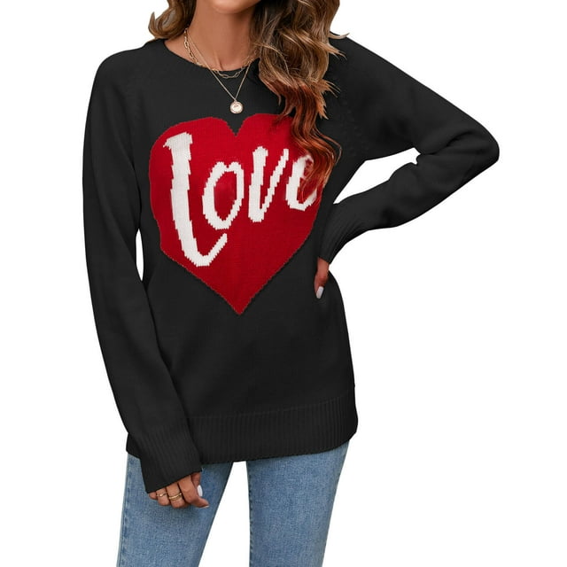Suéter holgado con cuello redondo y letras de amor para otoño e invierno, suéter de manga larga estilo europeo y americano para mujer
