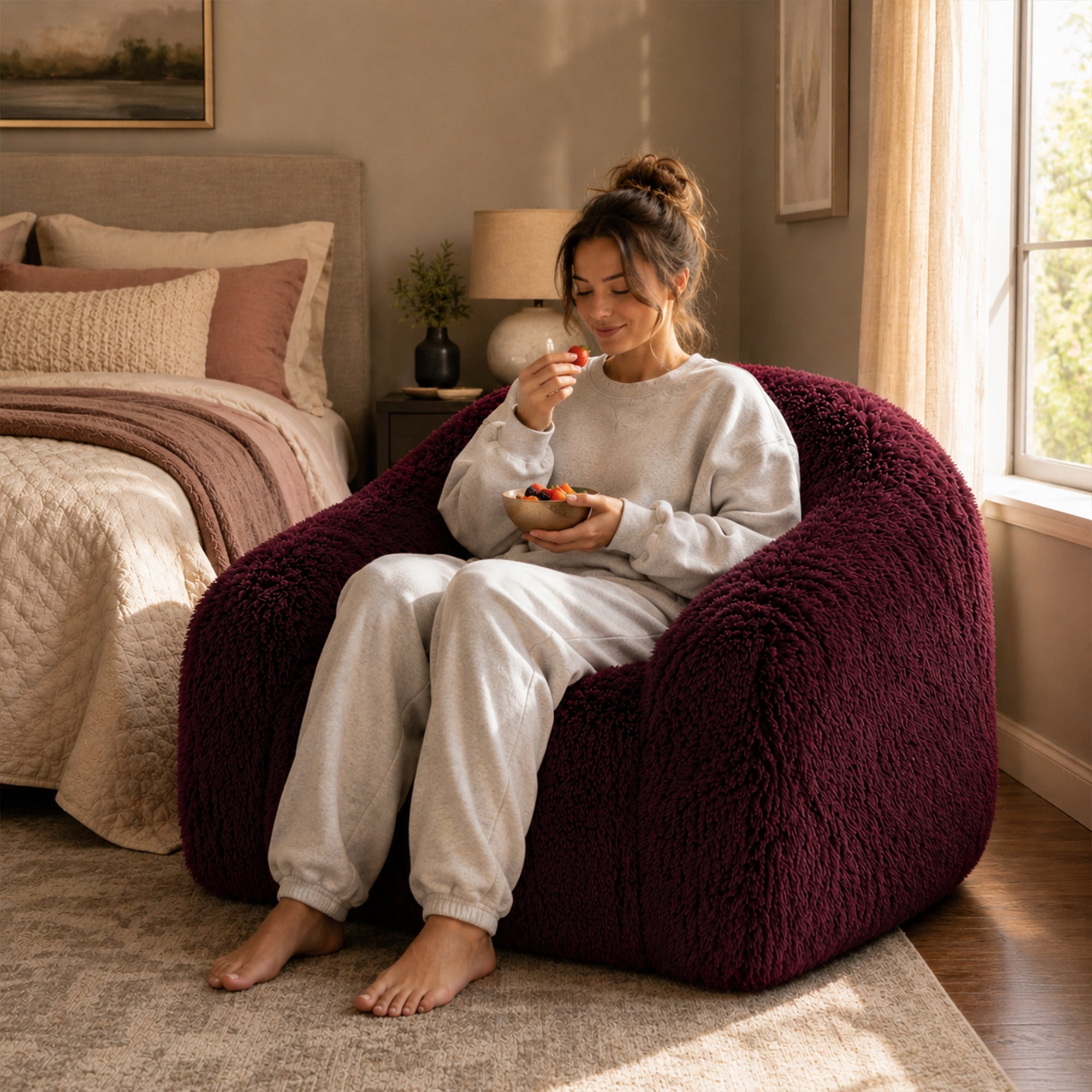 Aenkyo 40.6 Inch Faux Fur Single Sofa Chair, Comfy Lounge Chair in a Box, Burgundy