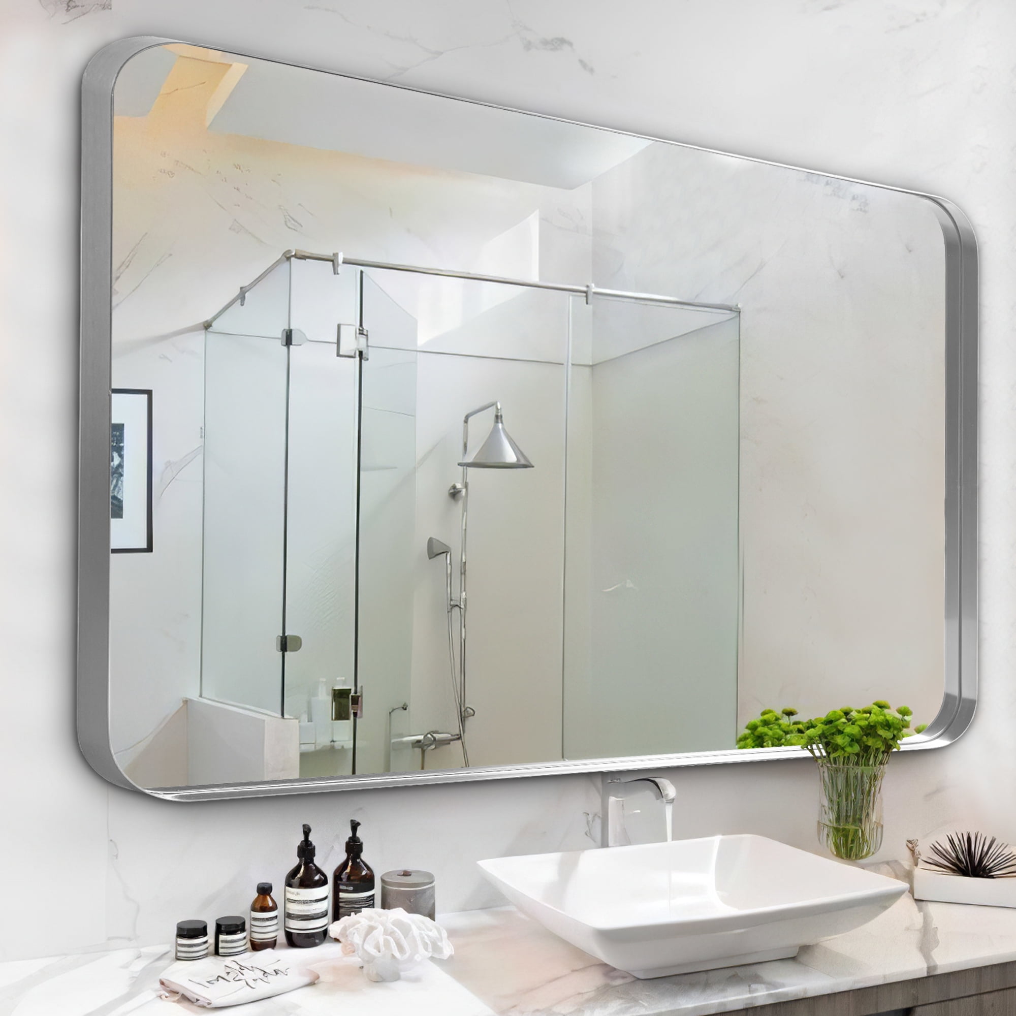 Aluminum Alloy Wall Mount Rectangular Deep Mirror Hanging Mirror Wall Mirror Rounded Corner Silver 50"x32"