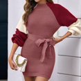 thumbnail image 4 of Women Colorblock Slim-Waist Knitted Bodycon Long Sleeve Fall Winter Casual Elegant Midi Sweater Dress Brick Red M, 4 of 9