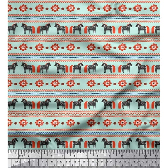 Soimoi Green Velvet Fabric Stripe & Horse Folk Art Printed Craft Fabric by the Yard 58 Inch Wide