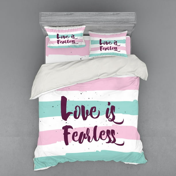 Romantic Duvet Cover Set, Love is Fearless Inspirational Inscription on