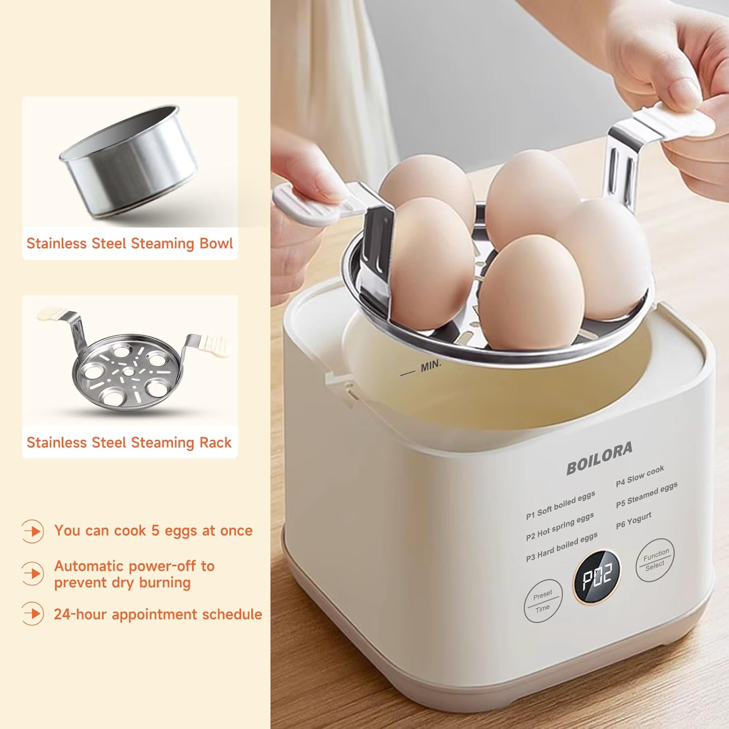 BOILORA Smart Egg Cooker for Soft Medium Hard Boiled Eggs with 24-Hour Delay Timer and Auto Shut-Off Stainless Steel Rack BPA-Free