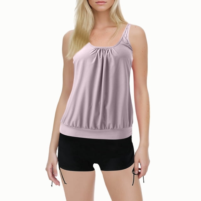 Women Swimsuits Solid Color Stylish Ruffle Tankini Tops with Boyshorts Light Purple Women Bathing Suits L
