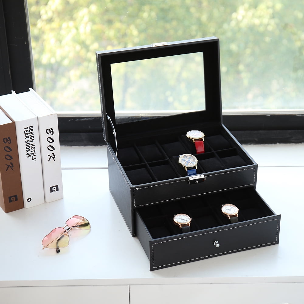 Kepooman 20 Slots Watch Box, Faux Leather Lockable Jewelry Display Case, Black