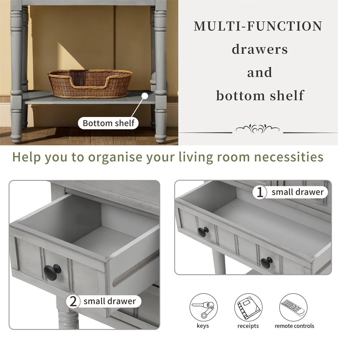 31 Inch Tall Narrow Console Table with 3 Storage Drawers and Bottom Shelf, Slim Sofa Table Entryway Accent Table with Tapered Table Legs for Hallway, Living Room and Dining Room, Gray Wash